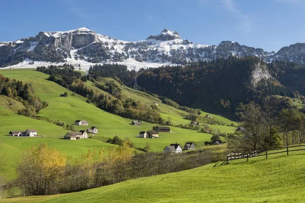 Appenzellerland Kar Kaplı Appenzell Alpleri Nin Önünde Yeşil Çayırlar Appenzell — Stok fotoğraf
