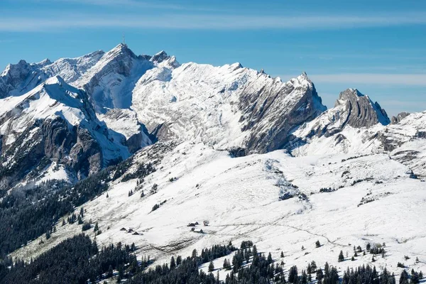 Appenzell Alperna Med Snöiga Saentis Längst Upp Till Vänster Kantonen Royaltyfria Stockfoton