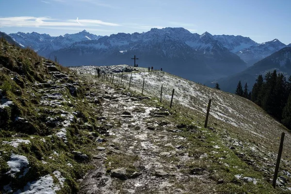 Sendero Hirschalpe Spieser Los Alpes Allgu Cubiertos Nieve Oberjoch Bad — Foto de Stock