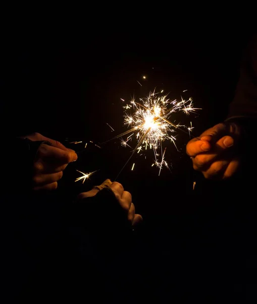 Burning Sparklers Hands Symbil Image Party Fireworks New Year Eve — Stock Photo, Image