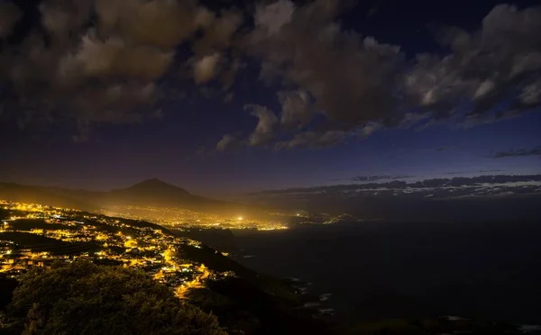 View Illuminated City Puerto Cruz City View Pico Del Teide — Stock Photo, Image