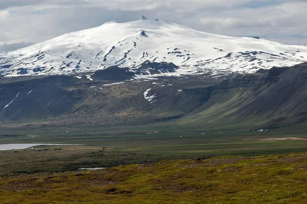 Över Snfell Vulkan Med Snfellsjkul Glacier Snfellsnes Halvön Västra Island — Stockfoto