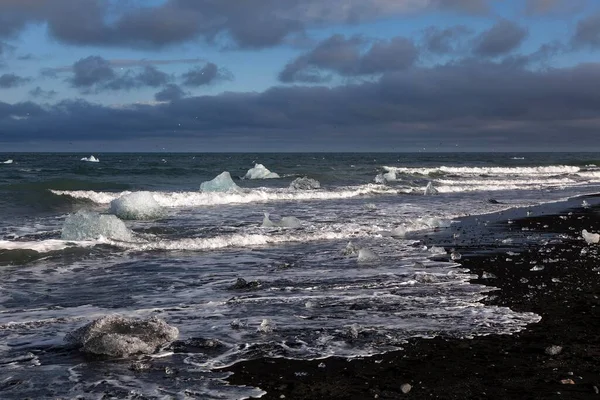 Маленькие Льдины Ледяные Куски Море Черный Лавовый Пляж Возле Джкульсарлона — стоковое фото