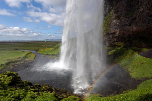 Seljalandsfoss Waterval Met Regenboog Seljalandsa Rivier Zuidereiland Eiland — Stockfoto