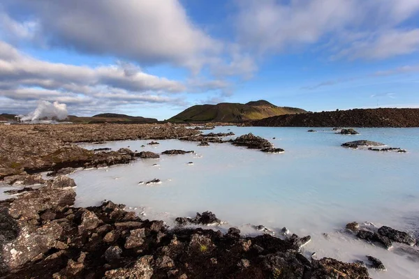 Blaue Lagune Bei Grindavik Geothermalbad Hinten Links Geothermalkraftwerk Svartsengi Halbinsel — Stockfoto