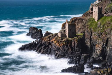 Rocky coast with ruins, former mine, old tin mine, Botallack Mine, Trewellard, Cornwall, England, Great Britain clipart