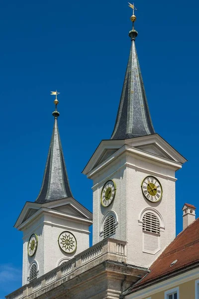 Башни Церкви Часами Базилика Квирин Тегернзейский Монастырь Тегернзее Верхняя Бавария — стоковое фото