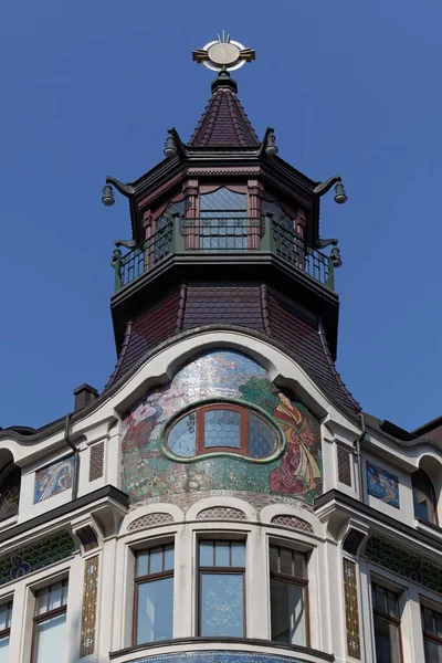 Art Nouveau Casa Com Torre Chinesa Café Histórico Riquet Leipzig — Fotografia de Stock