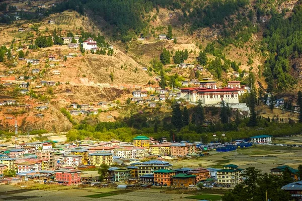 Utsikt Över Paro Och Kloster Fästning Rinpung Dzong Parodalen Himalaya — Stockfoto