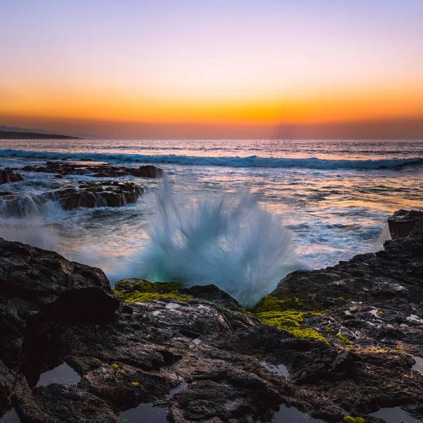 Waves Surf Rocky Coast Sunset Punta Del Hidalgo Atlantic Ocean — Stock Photo, Image
