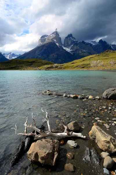 View Lake Pehoe Mountains Los Cuernos Clouds National Park Torres — Stock Photo, Image