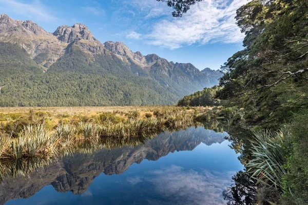 Mirror Lake Con Riflessi Acqua Delle Montagne Fiordland National Park — Foto Stock