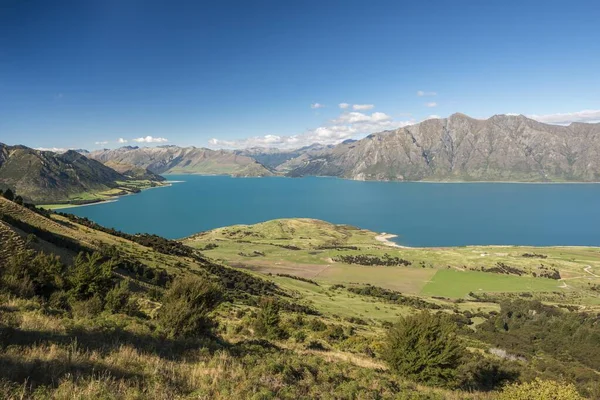 Lake Hawea Och Mountain Panorama Näset Peak Spår Otago Sydön — Stockfoto