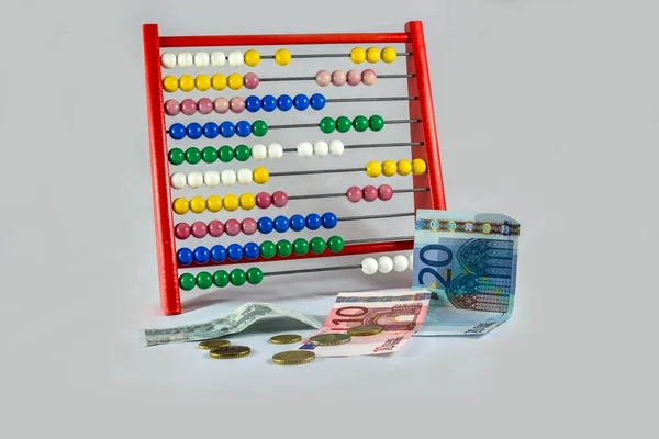 Abacus Met Eurobiljetten Munten — Stockfoto
