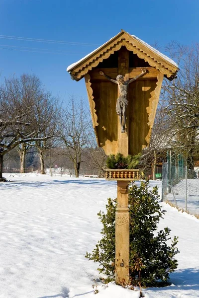 Wayside Cross Winter Agatharied Bavaria Germany Europe — Stock Photo, Image