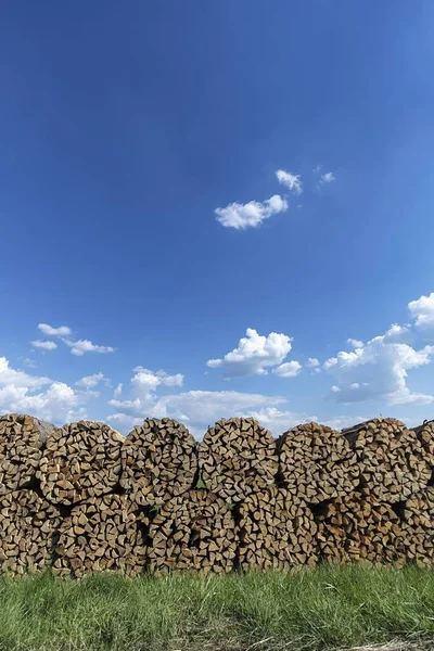 Bunched Firewood Stacked Blue Sky Germany Europe — Stock Photo, Image