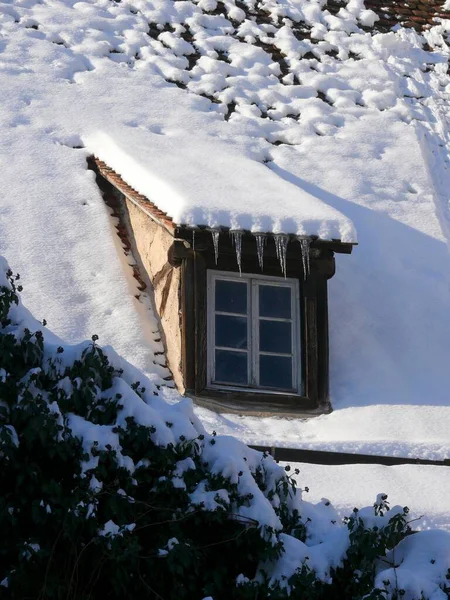 屋根のドーメーター 雪とケイクルスとスカイライト — ストック写真