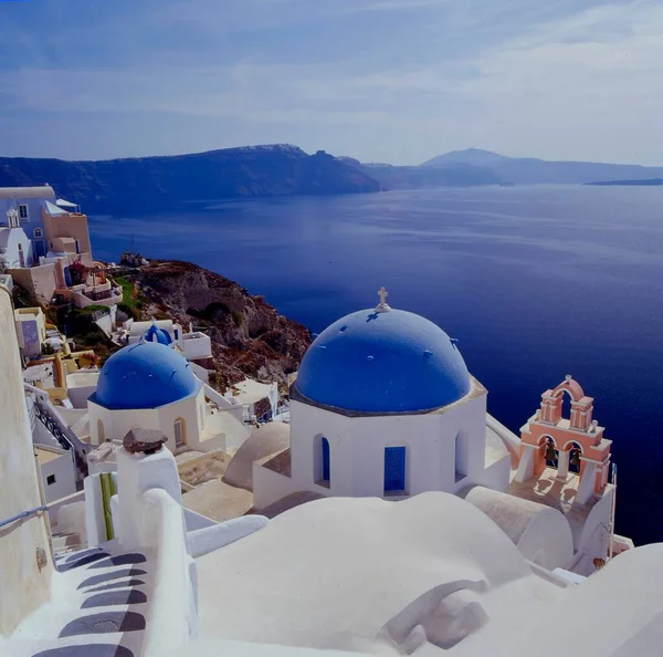 Горы Колокольня Церкви Ойе Взгляд Синюю Кальдеру Южное Побережье Греческого — стоковое фото