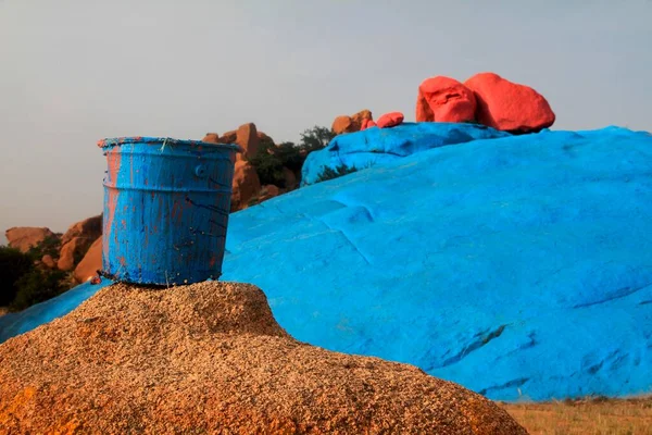 Used Paint Bucket Artwork Painted Rocks Tafraoute Antiatlas Morocco — Stock Photo, Image