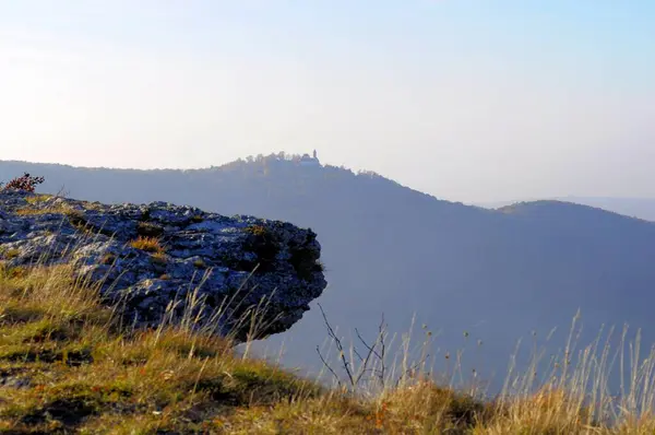 Landschaft Schwäbische Alb Vom Breitenstein Aus Nebellandschaft Burg Teck Gegenlichtaufnahme — Stockfoto