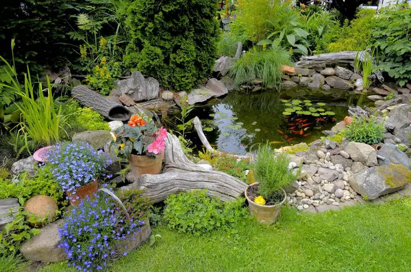 Okrasná Zahrada Zahradní Jezírko Zlatými Rybkami — Stock fotografie