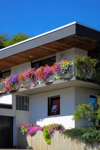 Flat roof house with flowers, balcony