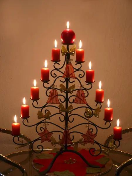 Wrought Iron Christmas Tree Red Burning Candles — Stock Photo, Image