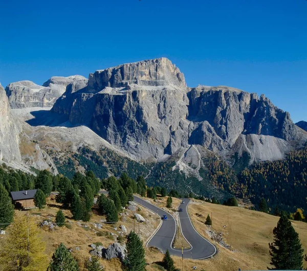 Vista Passe Sella Para Pico Pordoi Maciço Sella Itália Dolomites — Fotografia de Stock