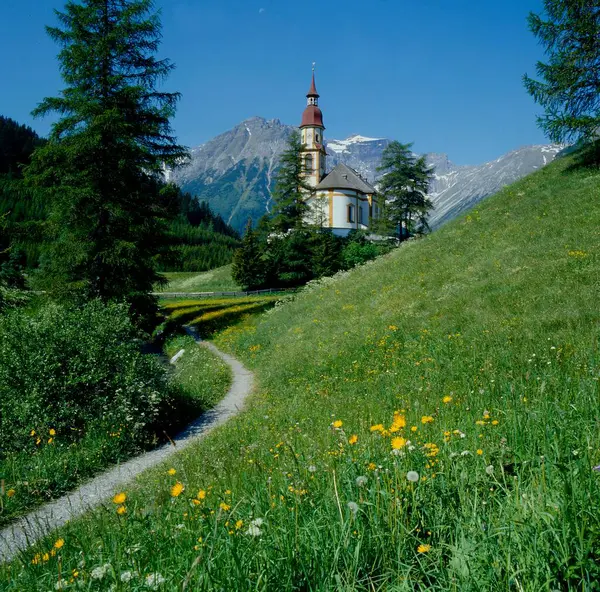 オーバーンベルクの春の牧草地と教会 ブレンナー トリビュラウンA オーストリア ティロル — ストック写真