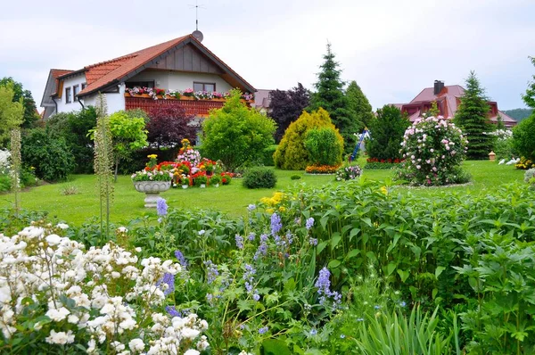 Giardino Con Casa Rose Bianche Giardino — Foto Stock