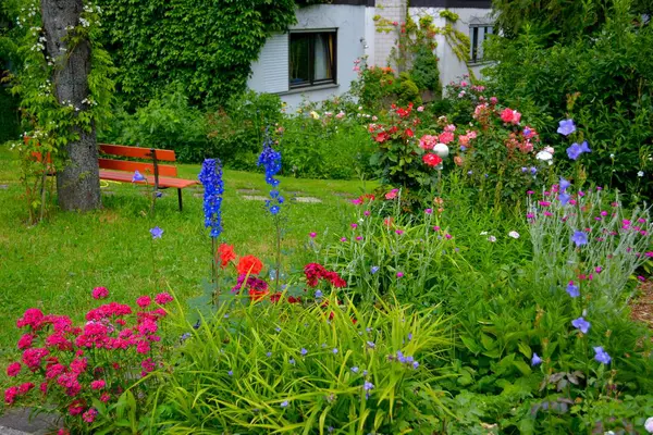 Perennial Garden Flowering Garden Bench — Stock Photo, Image