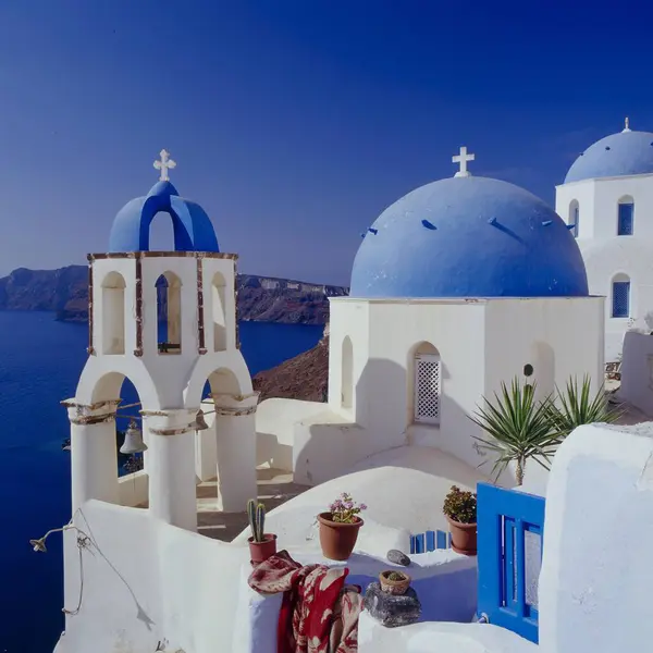 Bell Tower Domes Church Oia North Cyclades Island Aegean Island — Stock Photo, Image