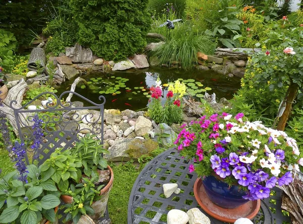 夏天的花园池塘 开着花园的花 — 图库照片