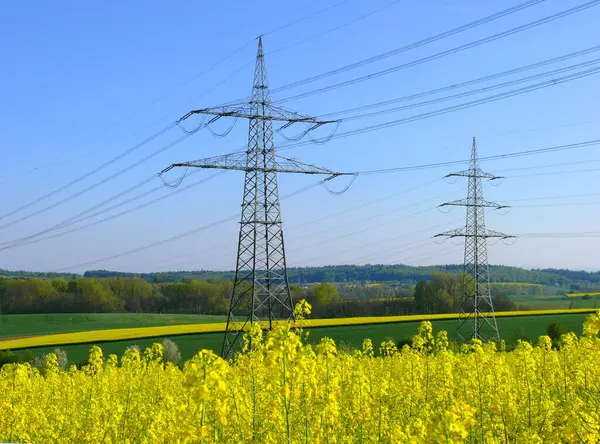 Power pylons, overhead line, rape field, field landscape in Kraichgau, Baden-Wrttemberg, Germany, Europe