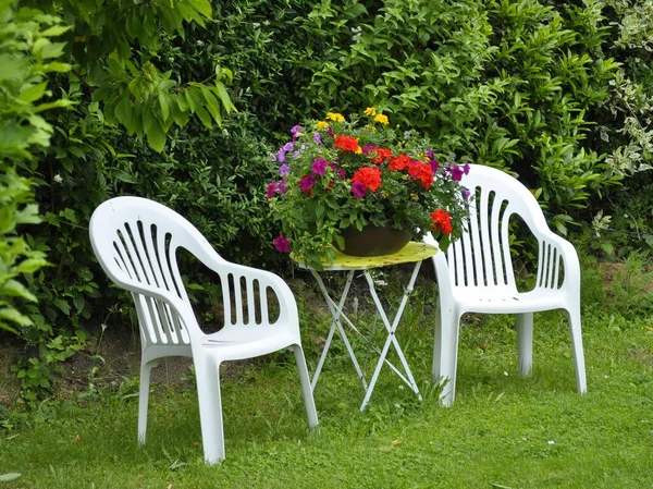 Garden Seat Chairs Various Garden Flowers Pots — Stock Photo, Image