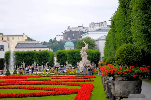 Austria Salzburg Mirabell Palace Statue Mirabell Gardens Hohensalzburg Fortress Europe — Stock Photo, Image