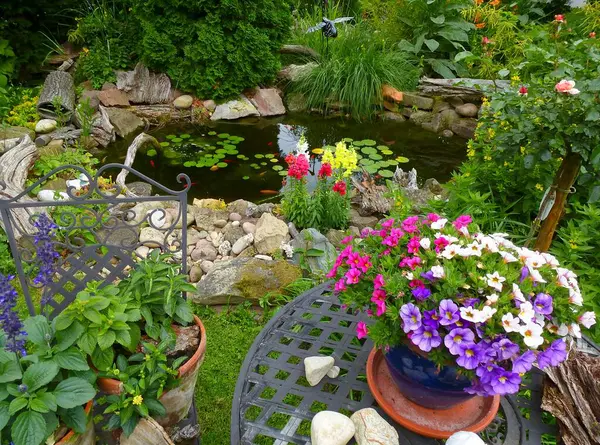 Gartenteich Sommer Mit Gartenblumen — Stockfoto