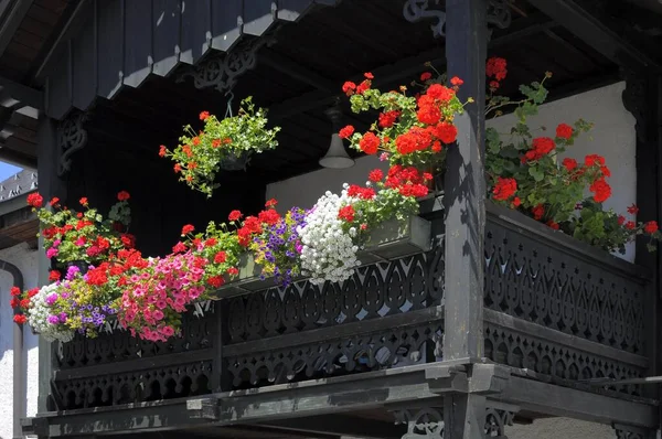 Austria Attersee Wooden Balcony Various Flowers — Stock Photo, Image