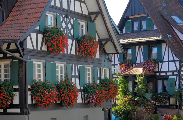 Black Forest Sasbachwalden Ortenau Half Timbered House Hanging Geraniums Window — Stock Photo, Image