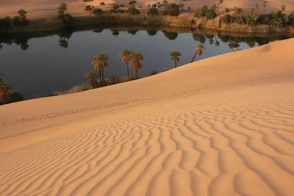 Wind Cuts Paths Desert Sand Lake Maa Libya Africa — Stock Photo, Image