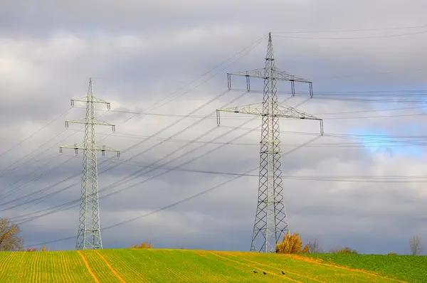 Polonais Électriques Aériens Sur Terrain Temps Pluvieux Poteaux Électriques Sur — Photo