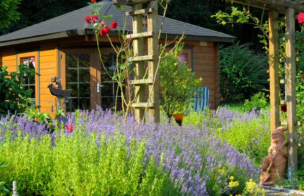 夏季花园观赏性花园 带有薰衣草的花园 花园房子 — 图库照片