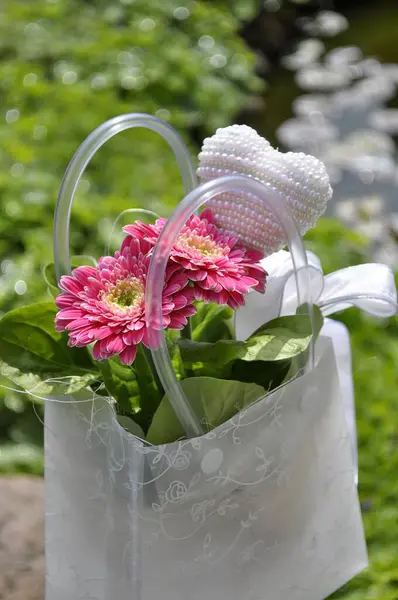 Mother\'s Day Arrangement in Small Bag, Pink Gerbera with Heart