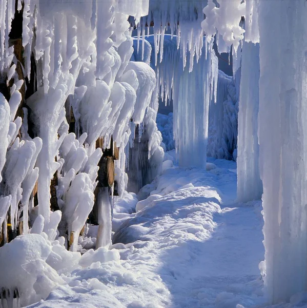 Παγοκρύσταλλοι Παγωμένες Κατασκευές Χιόνι Παγωμένος Σωρός Ξύλου — Φωτογραφία Αρχείου