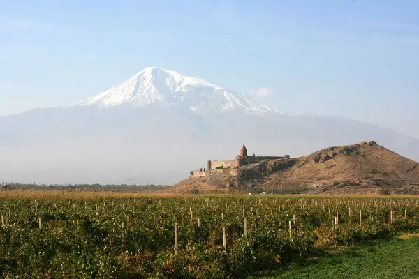 Den Armeniska Klostret Khor Virap Mot Den Spektakulära Bakgrunden Den — Stockfoto