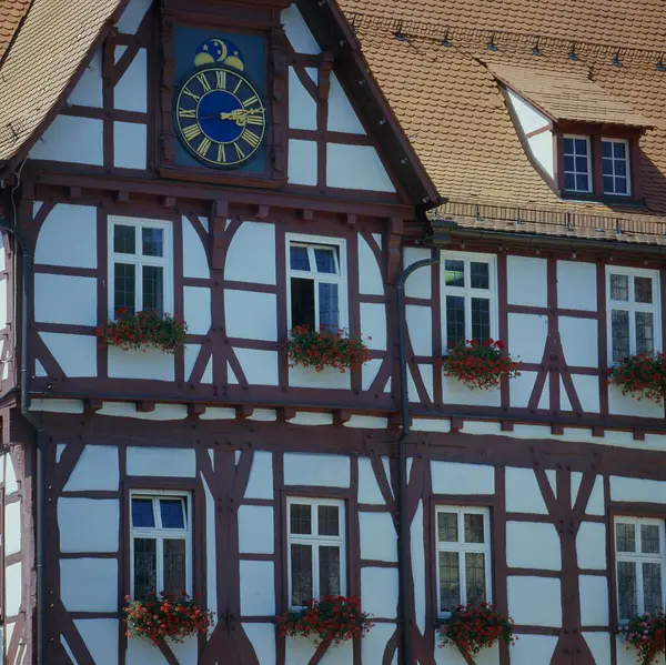 Half Timbered House Clock Town Hall Bad Urach Baden Wrttemberg — Stock Photo, Image