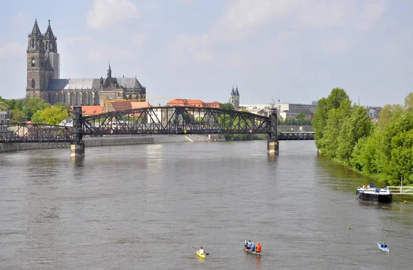Magdeburgo Vista Desde Torre Observación Río Elba Catedral Magdeburgo Puente —  Fotos de Stock