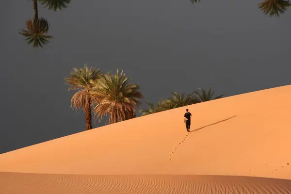 Een Eenzame Wandelaar Maa Zandduinen Van Ubari Libië Afrika — Stockfoto