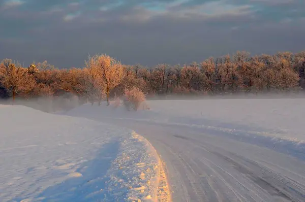 Sunrise Snow Maulbronn Morning Mood Fog Snow Dirt Road Snow — Stock Photo, Image