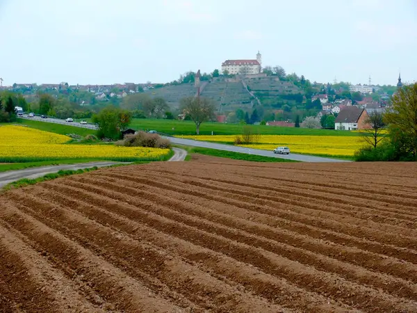 Kartoffelfeld Frisch Gepflanzt Feldweg — Stockfoto